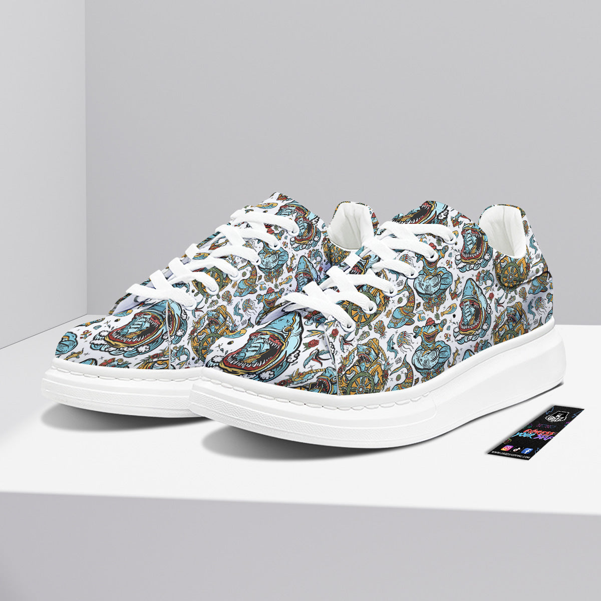 Sharks Underwater Tattoo Print Pattern Platform Shoes-grizzshop