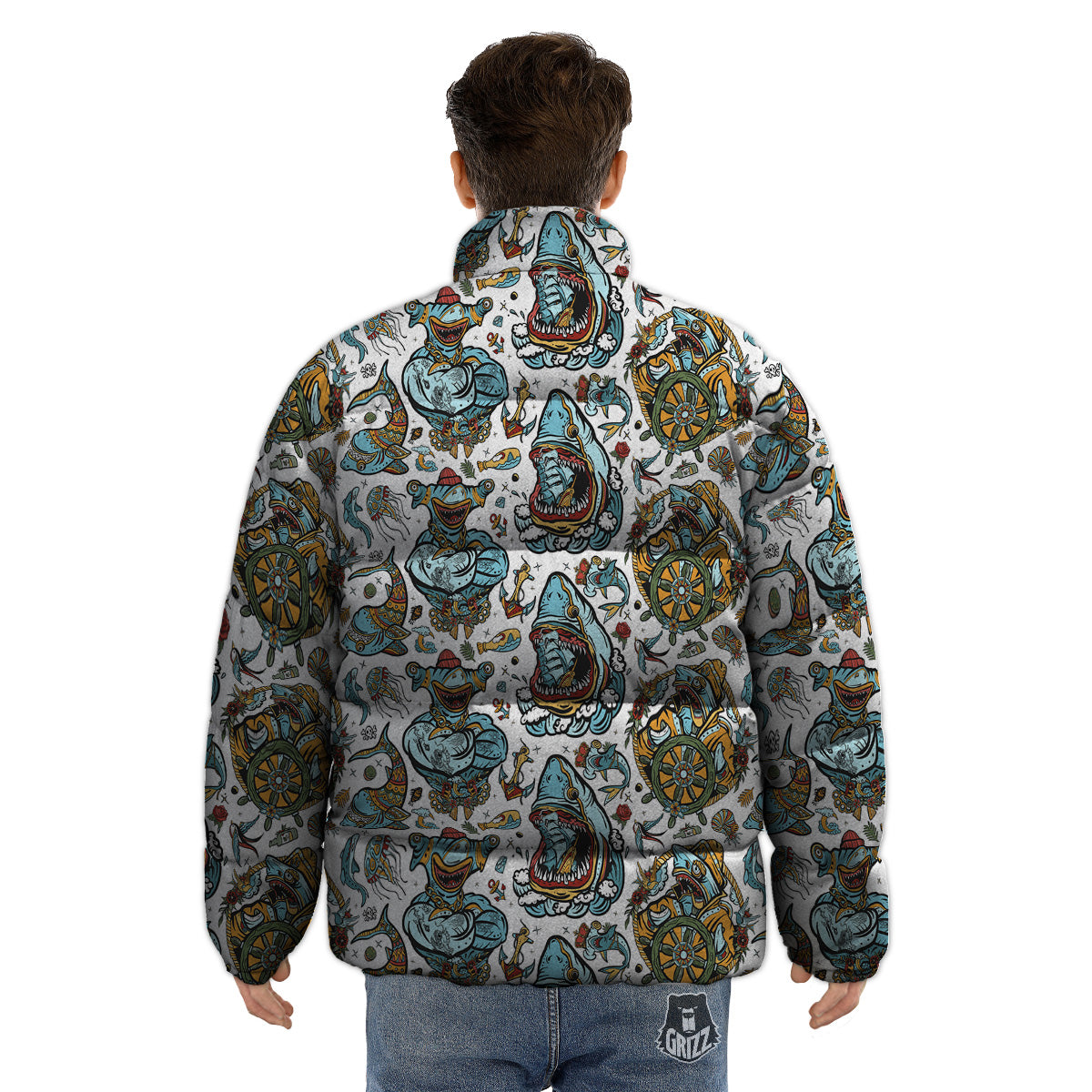 Sharks Underwater Tattoo Print Pattern Puffer Jacket-grizzshop