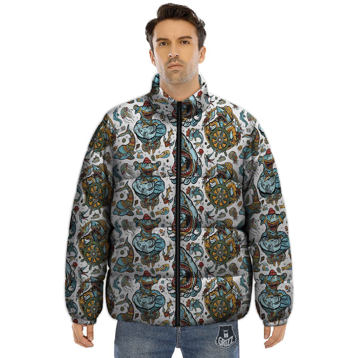 Sharks Underwater Tattoo Print Pattern Puffer Jacket-grizzshop