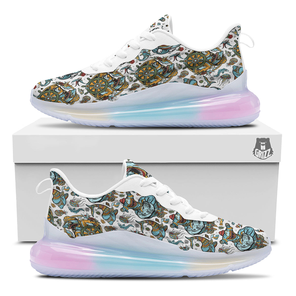 Sharks Underwater Tattoo Print Pattern Running Sneakers-grizzshop