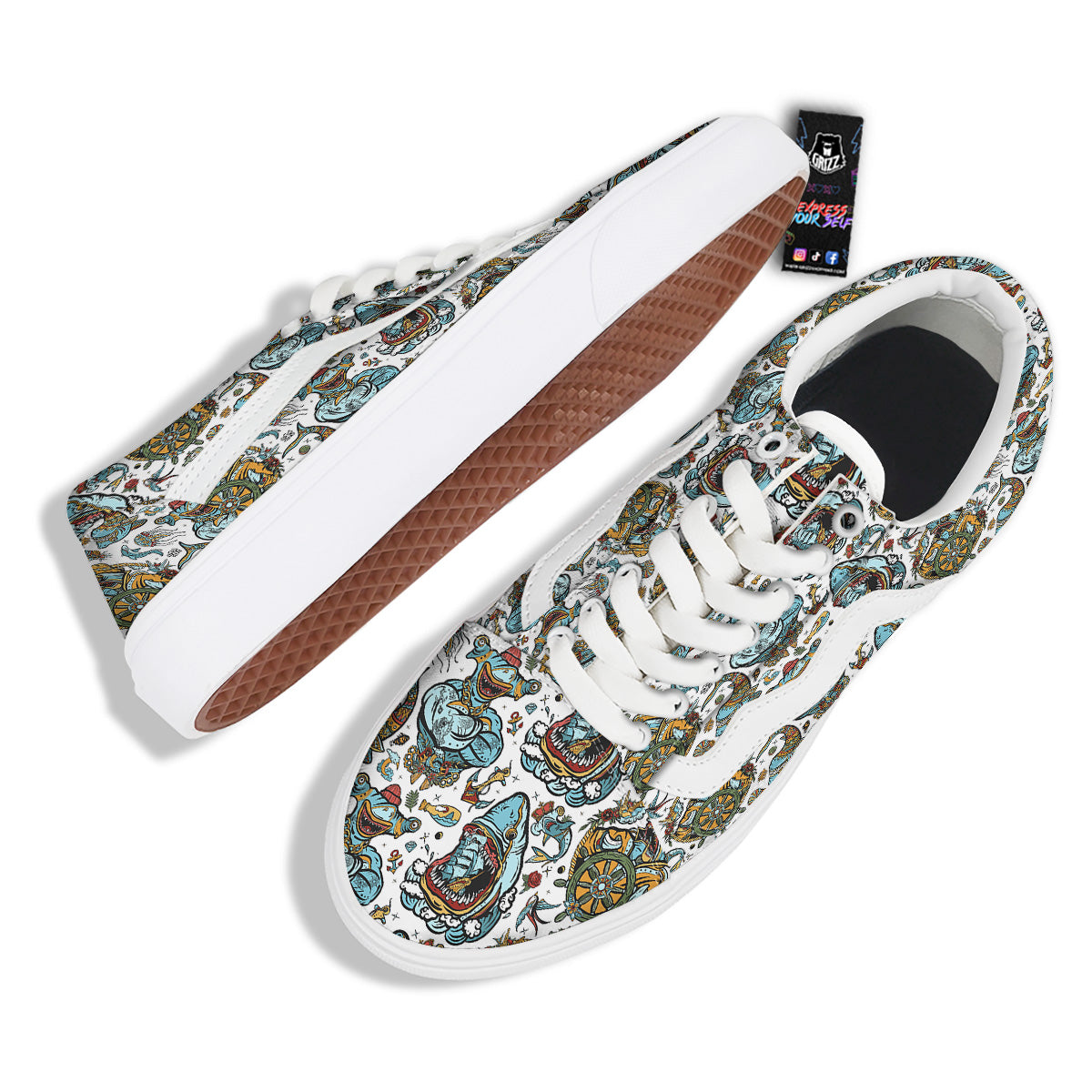 Sharks Underwater Tattoo Print Pattern Skate Shoes-grizzshop