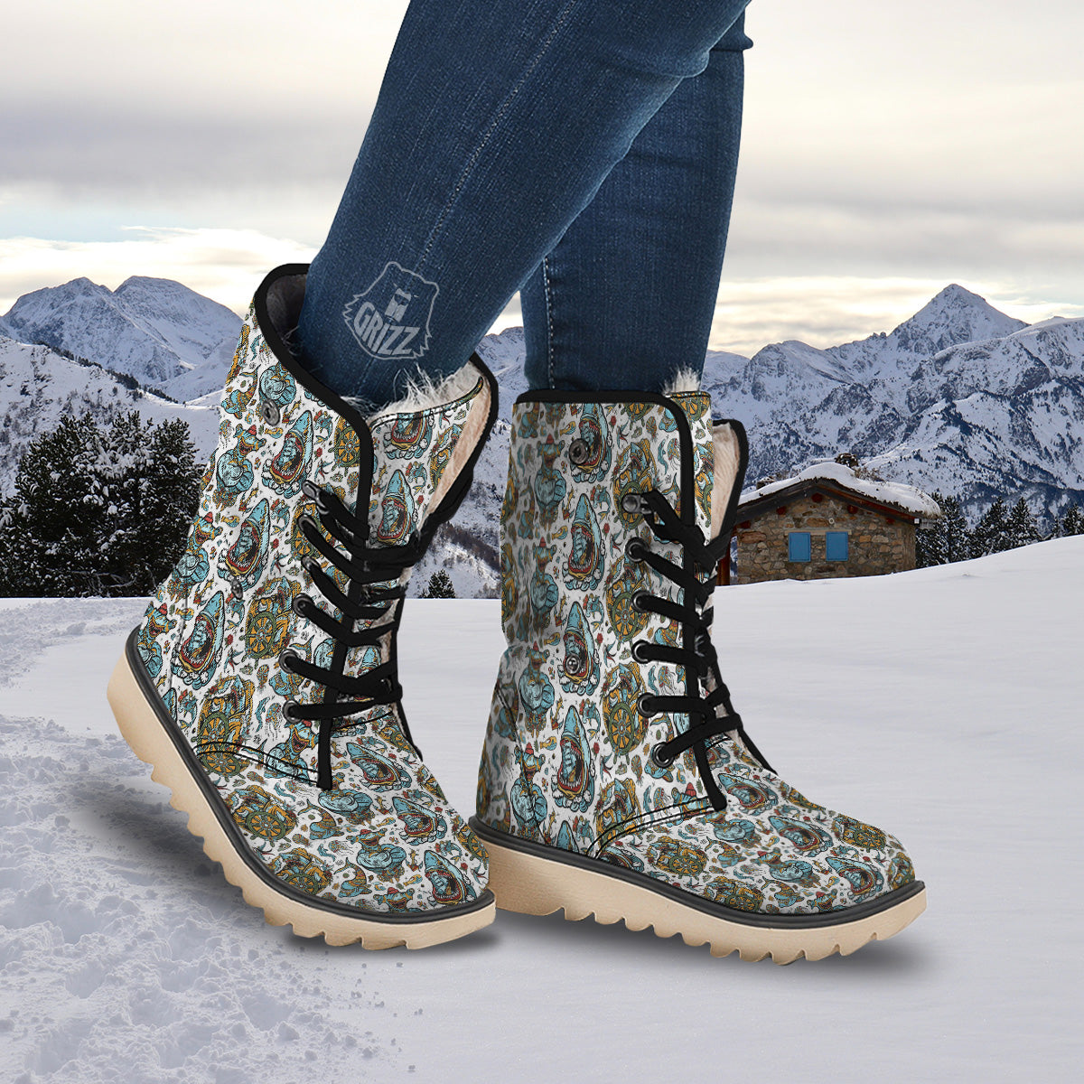 Sharks Underwater Tattoo Print Pattern Snow Boots-grizzshop