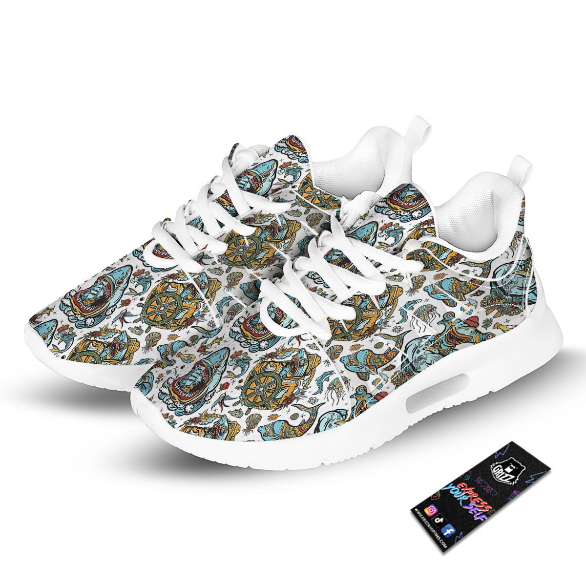 Sharks Underwater Tattoo Print Pattern Tennis Shoes-grizzshop