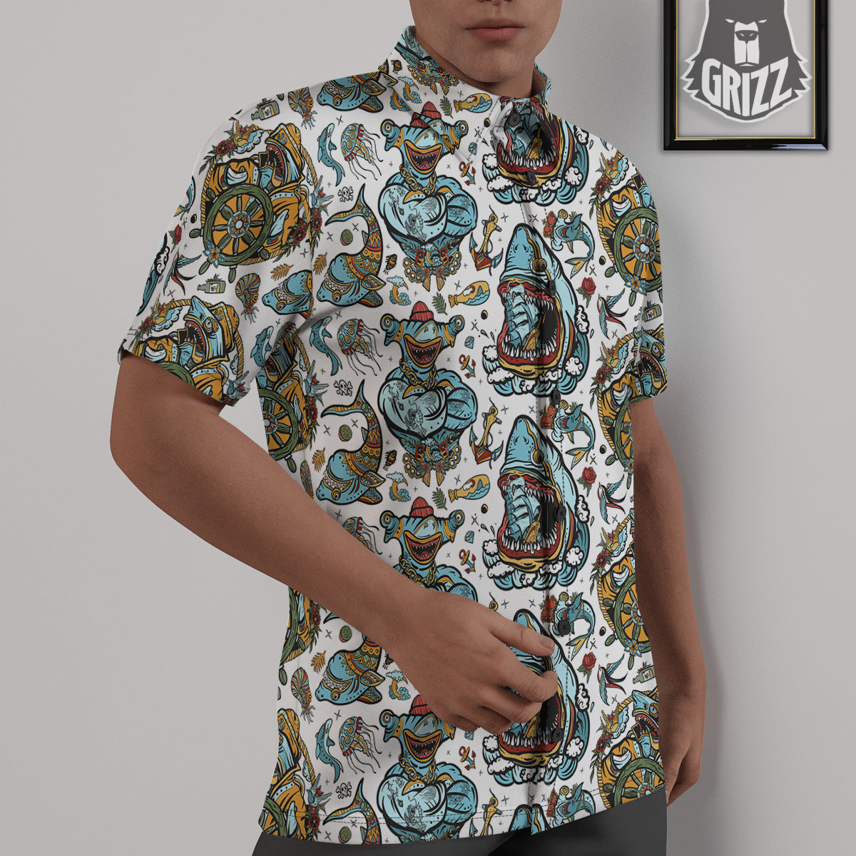 Sharks Underwater Tattoo Print Pattern Untucked Shirts-grizzshop