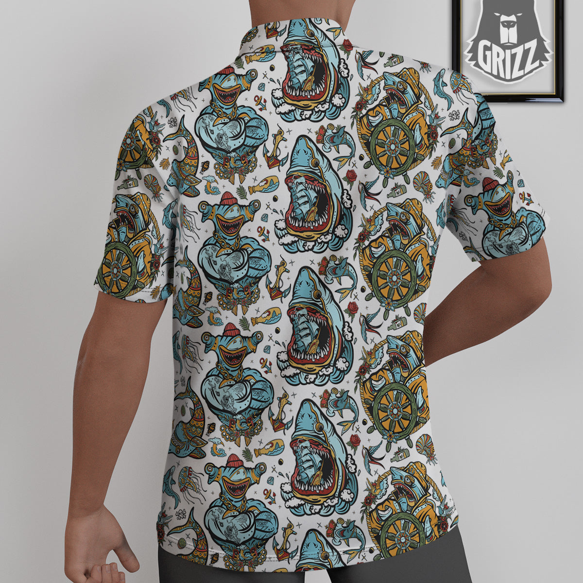 Sharks Underwater Tattoo Print Pattern Untucked Shirts-grizzshop