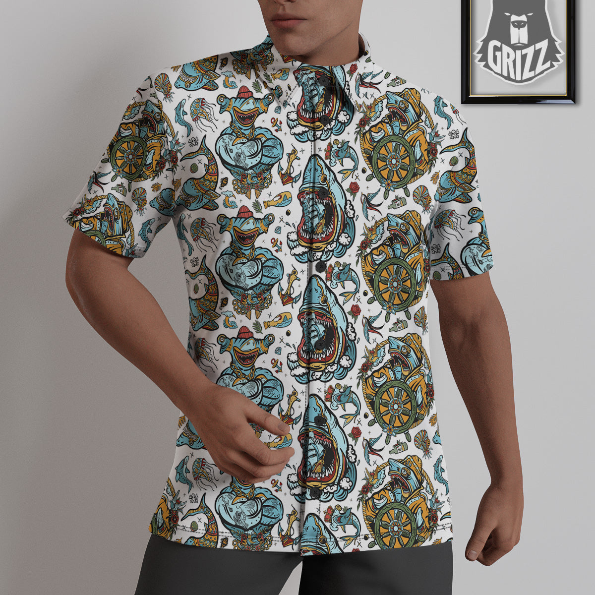 Sharks Underwater Tattoo Print Pattern Untucked Shirts-grizzshop