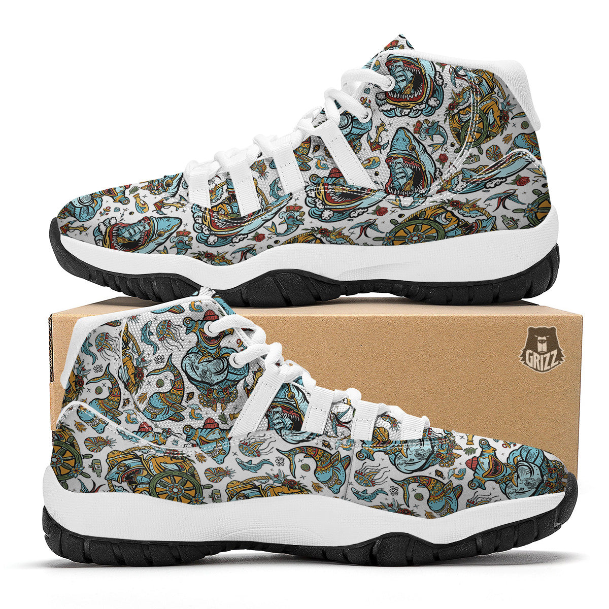 Sharks Underwater Tattoo Print Pattern White Bball Shoes-grizzshop