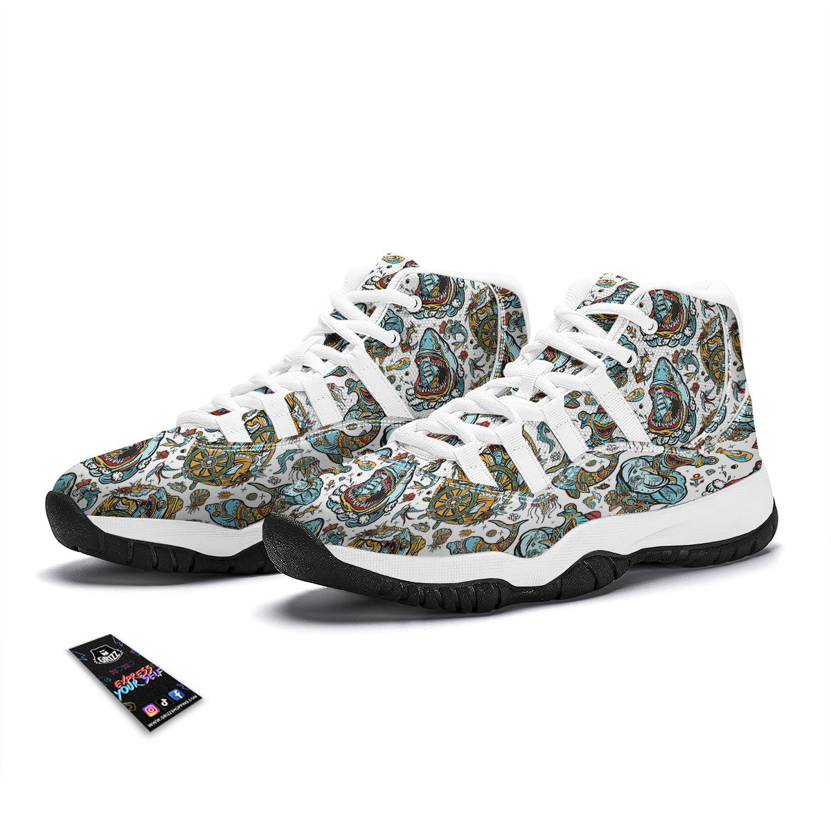 Sharks Underwater Tattoo Print Pattern White Bball Shoes-grizzshop