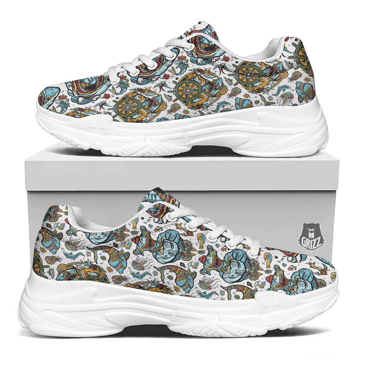 Sharks Underwater Tattoo Print Pattern White Chunky Shoes-grizzshop