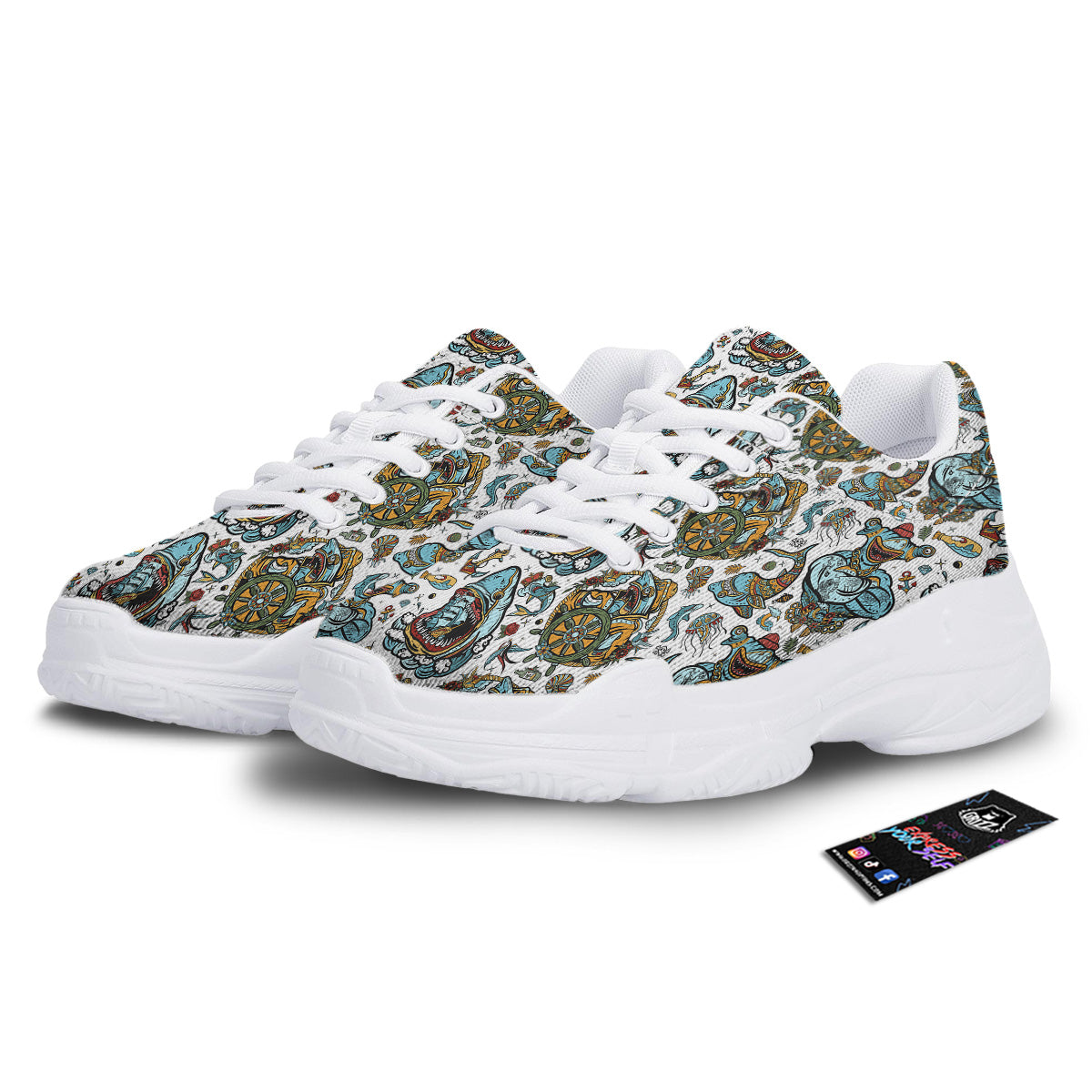 Sharks Underwater Tattoo Print Pattern White Chunky Shoes-grizzshop