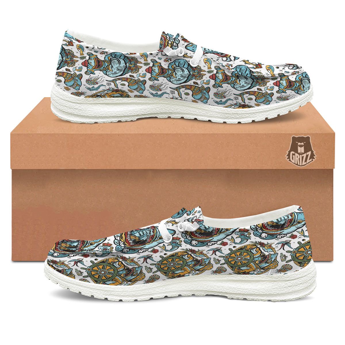 Sharks Underwater Tattoo Print Pattern White Loafers-grizzshop