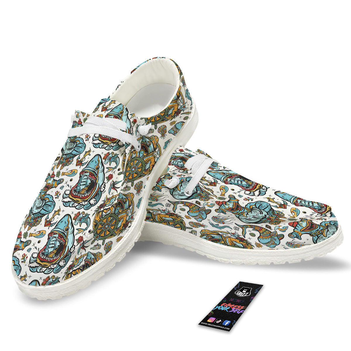 Sharks Underwater Tattoo Print Pattern White Loafers-grizzshop