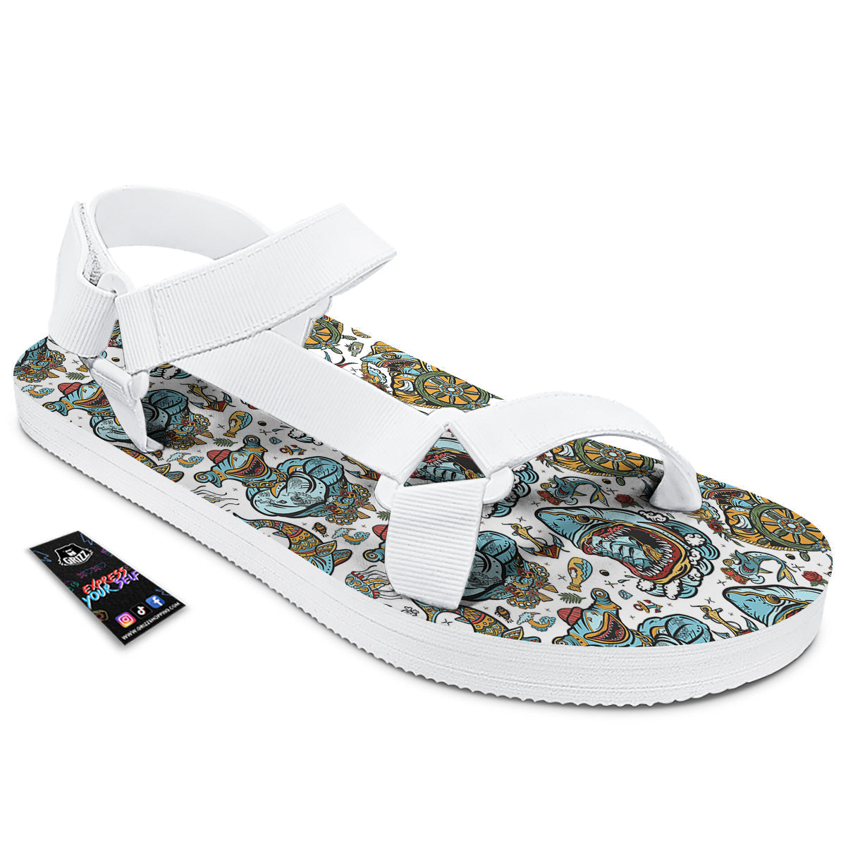 Sharks Underwater Tattoo Print Pattern White Open Toe Sandals-grizzshop