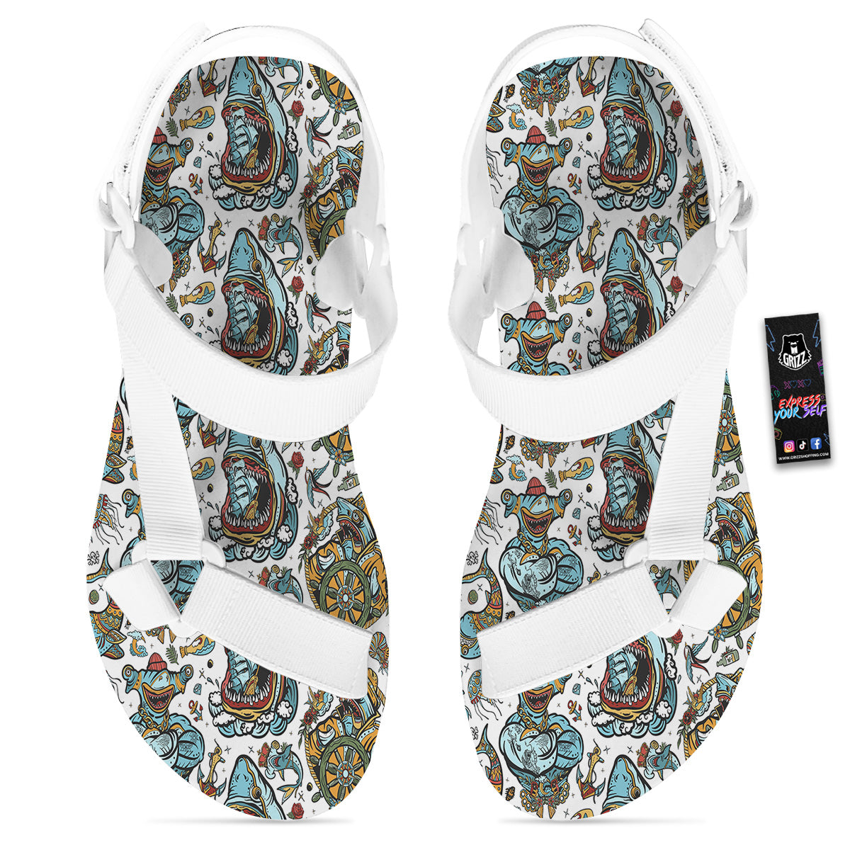 Sharks Underwater Tattoo Print Pattern White Open Toe Sandals-grizzshop