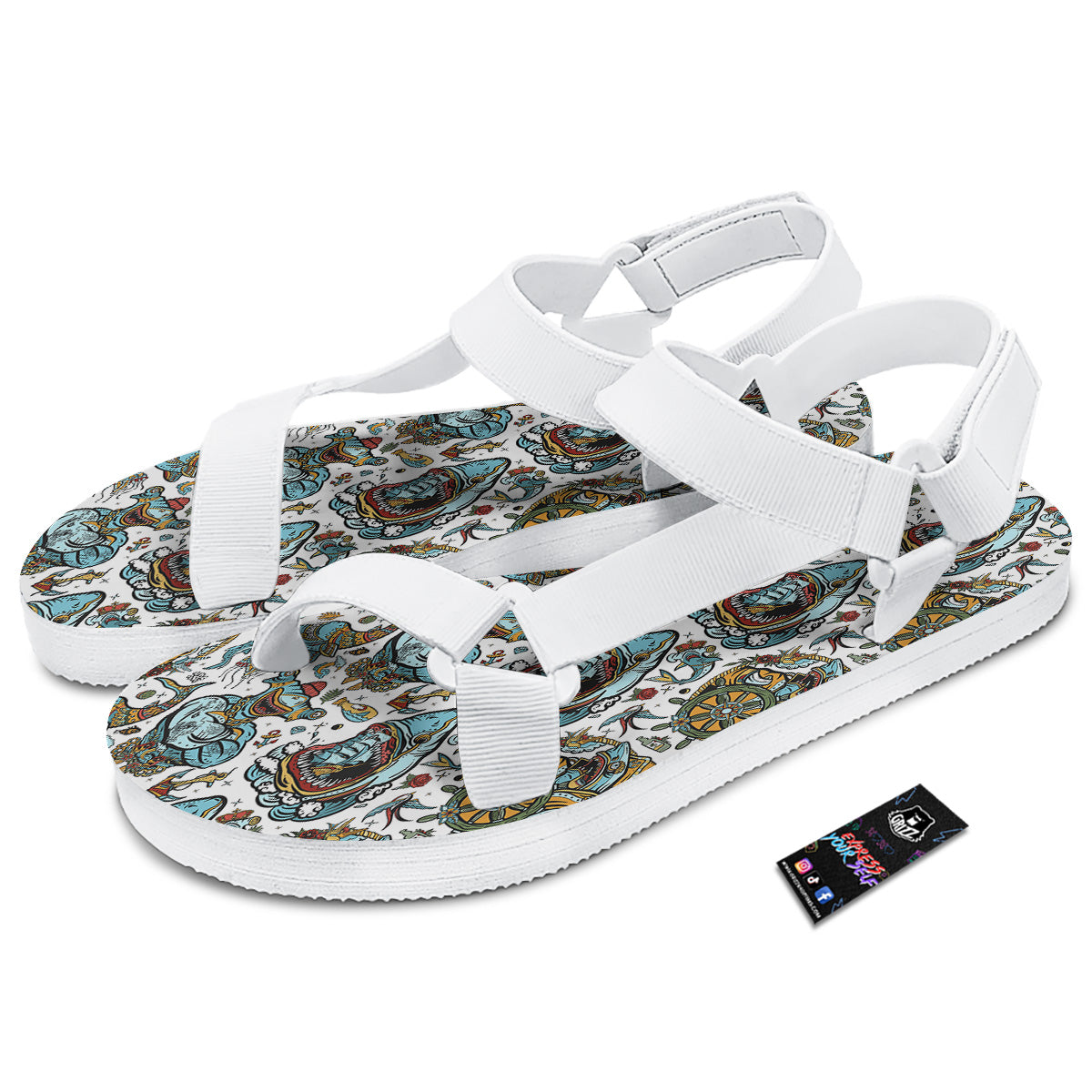 Sharks Underwater Tattoo Print Pattern White Open Toe Sandals-grizzshop