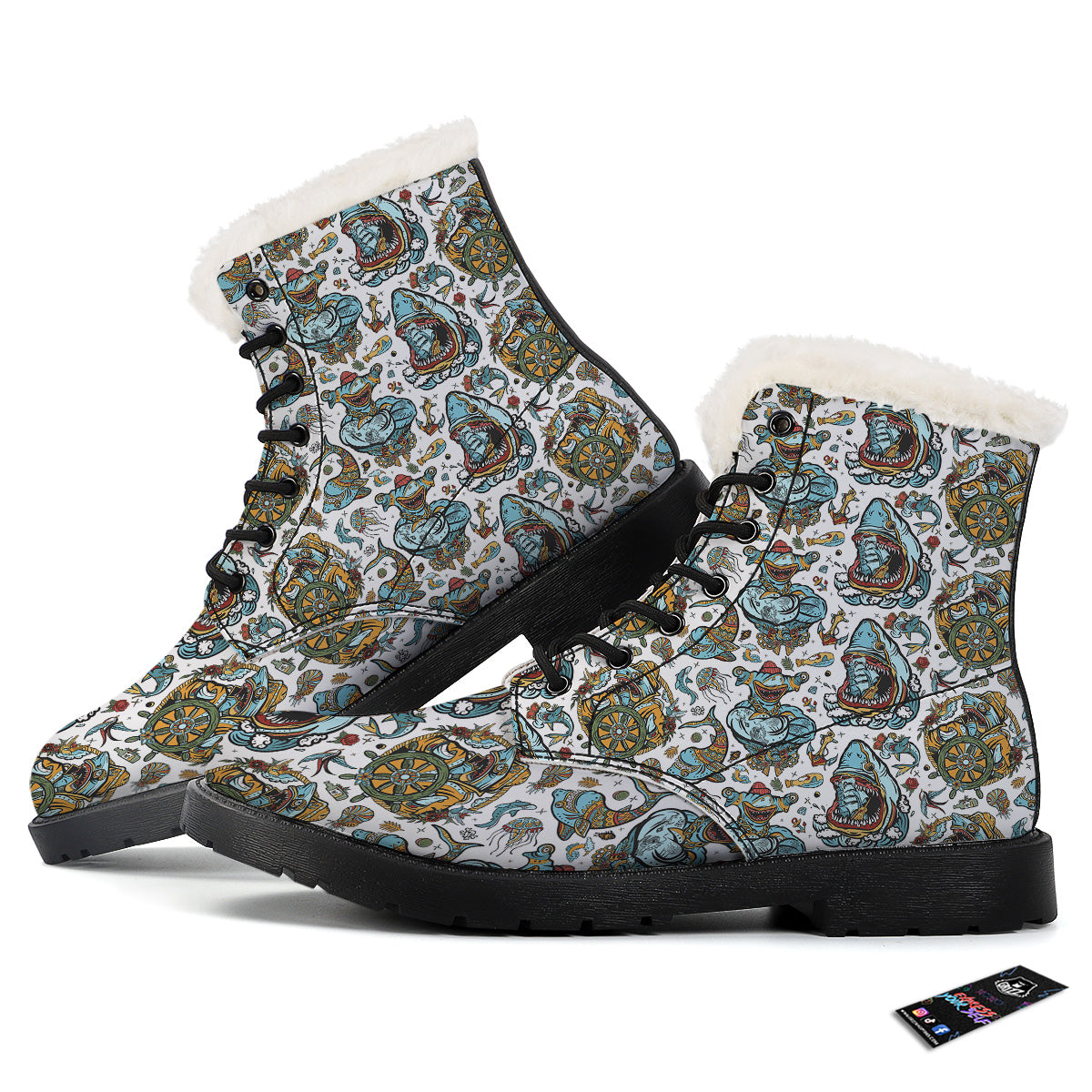 Sharks Underwater Tattoo Print Pattern Winter Boots-grizzshop