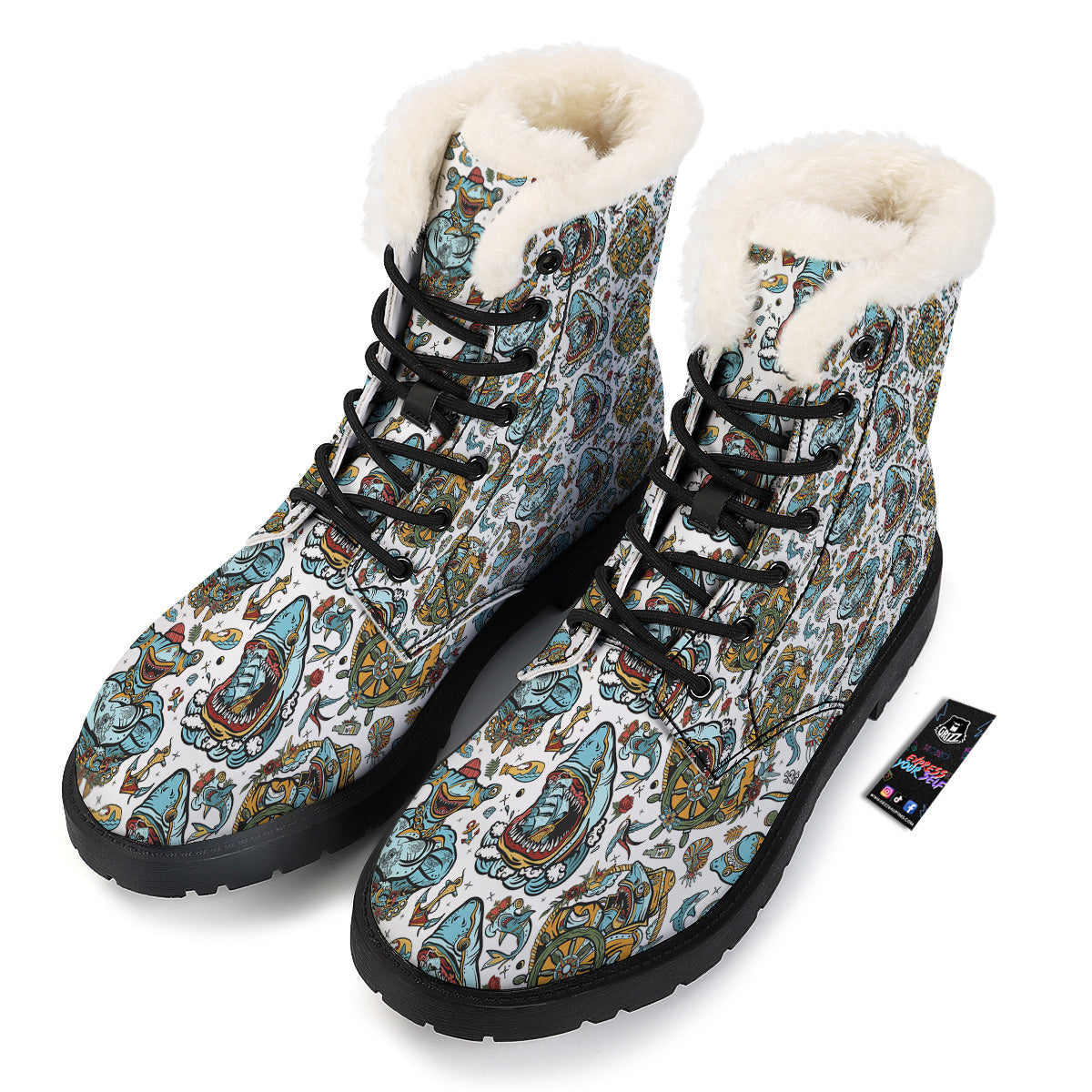 Sharks Underwater Tattoo Print Pattern Winter Boots-grizzshop