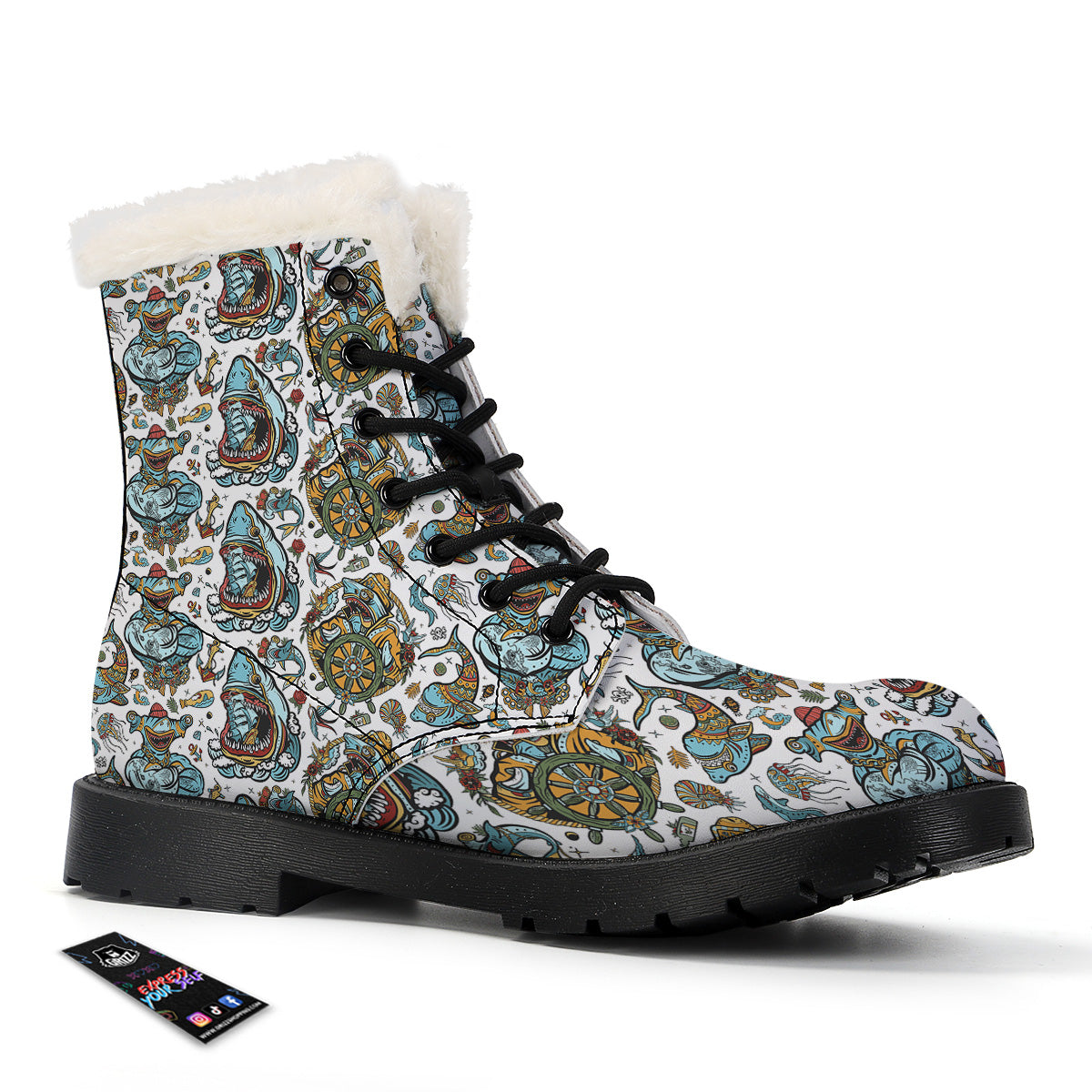 Sharks Underwater Tattoo Print Pattern Winter Boots-grizzshop