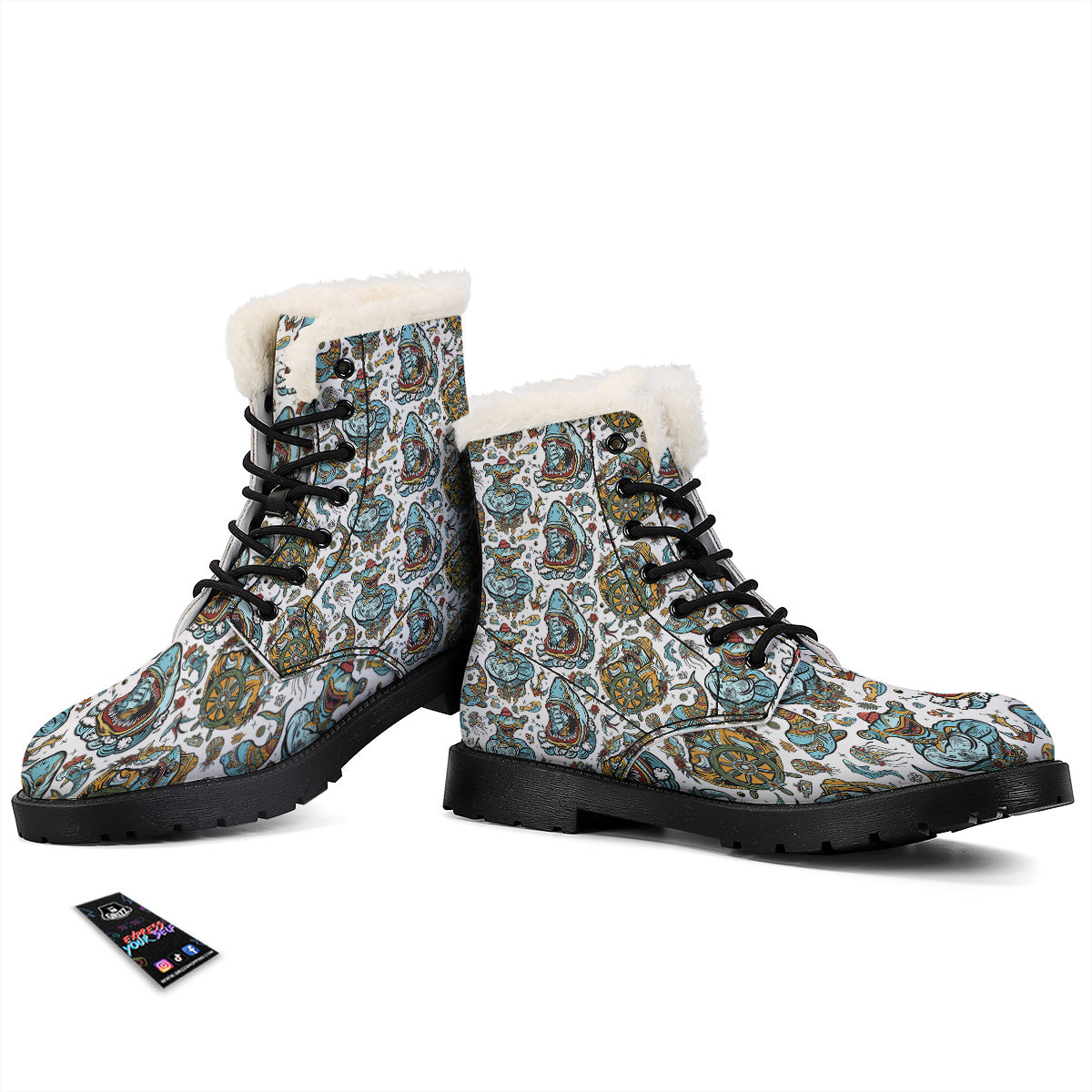 Sharks Underwater Tattoo Print Pattern Winter Boots-grizzshop