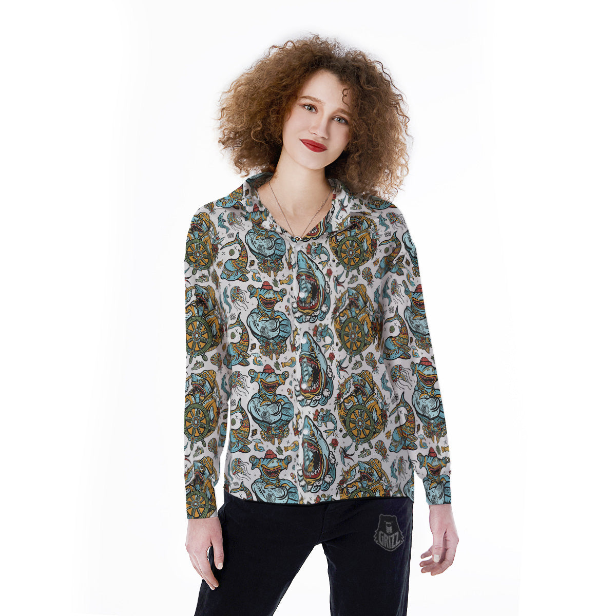 Sharks Underwater Tattoo Print Pattern Women's Long Sleeve Shirts-grizzshop