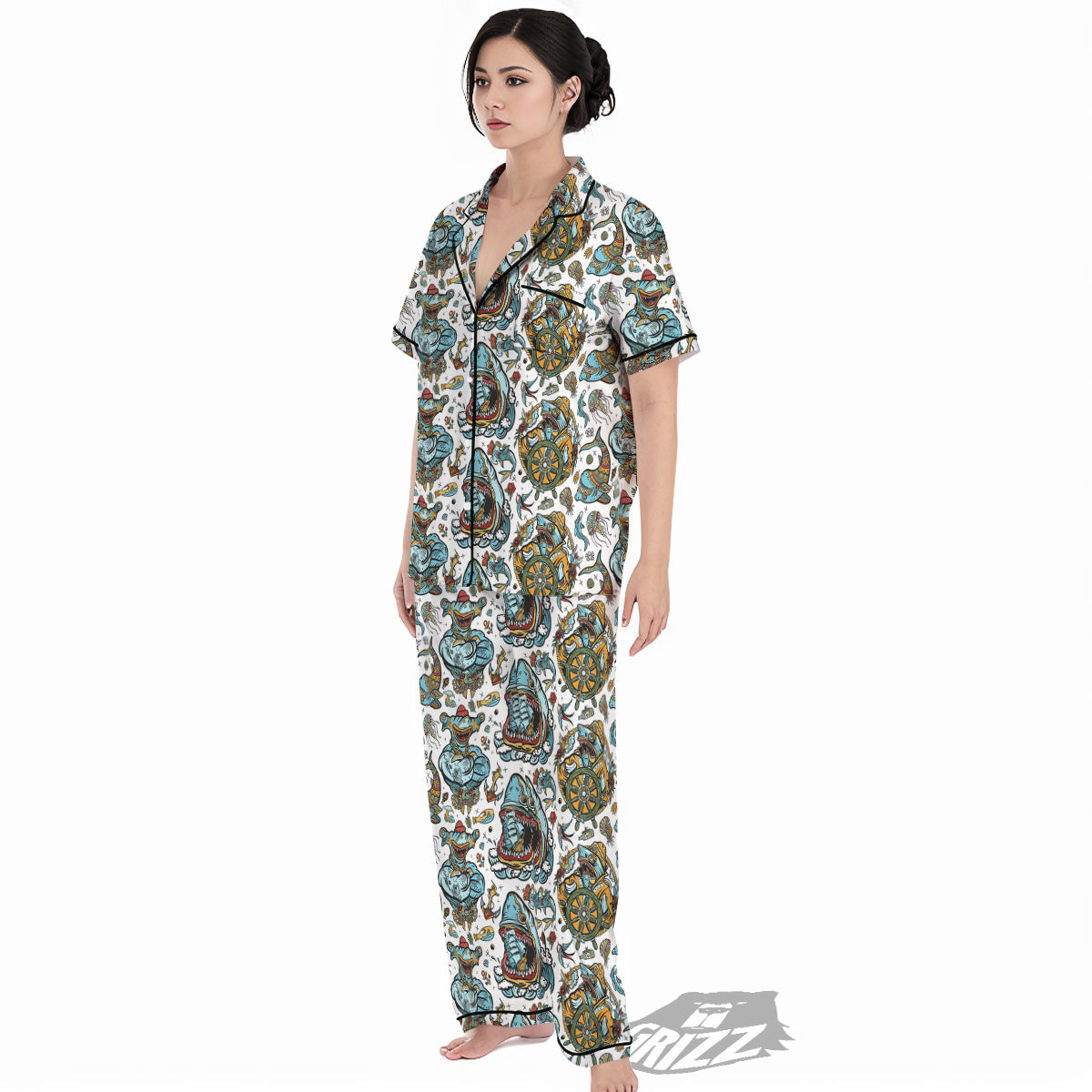 Sharks Underwater Tattoo Print Pattern Women's Pajamas Set-grizzshop
