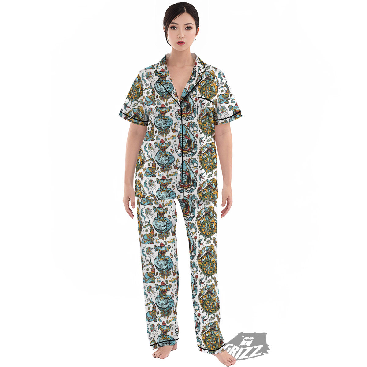 Sharks Underwater Tattoo Print Pattern Women's Pajamas Set-grizzshop