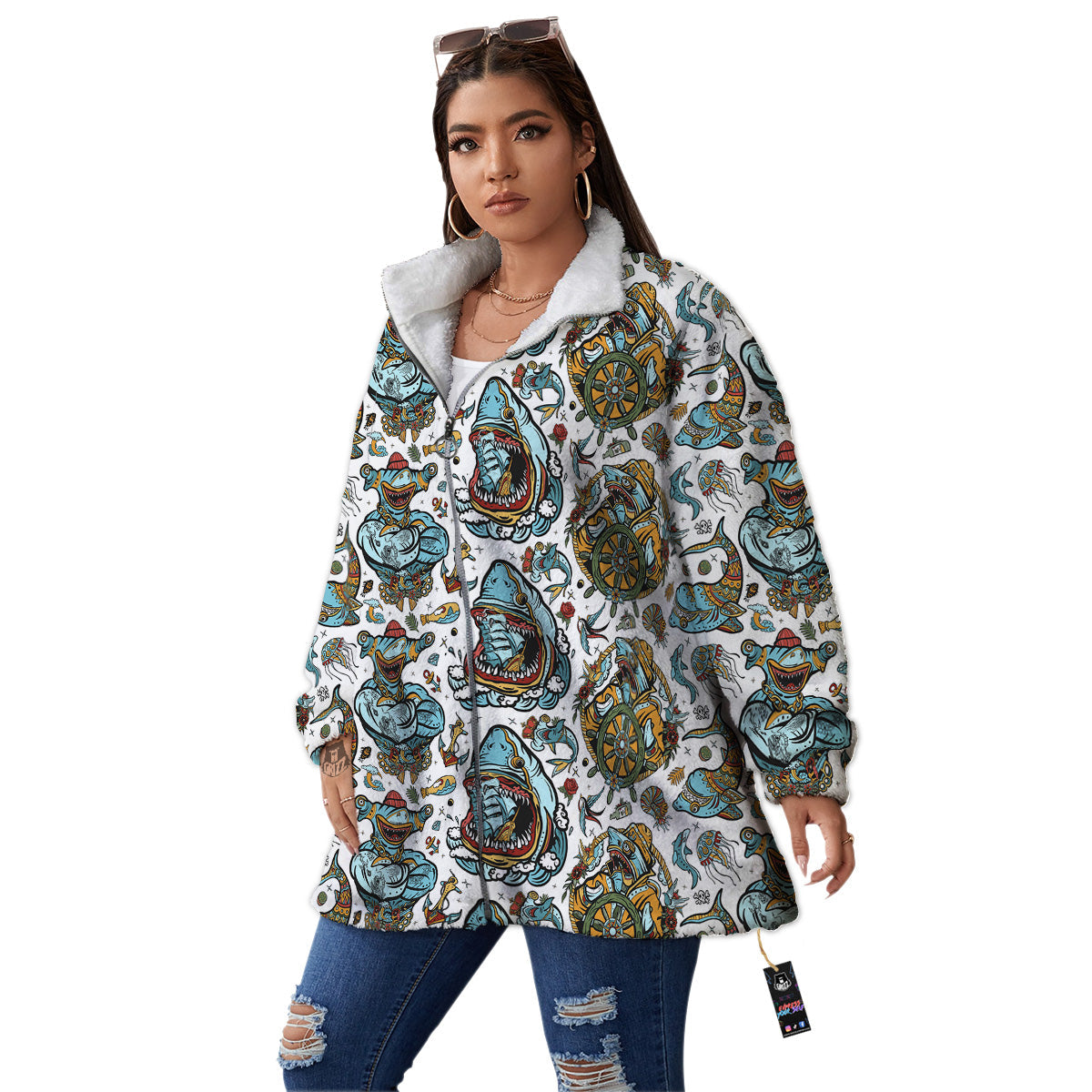 Sharks Underwater Tattoo Print Pattern Women's Sherpa Jacket-grizzshop