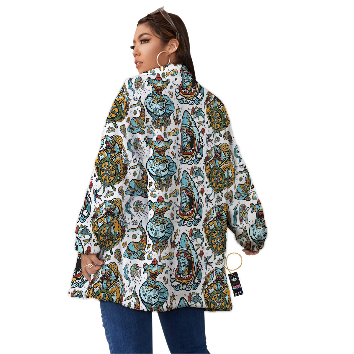 Sharks Underwater Tattoo Print Pattern Women's Sherpa Jacket-grizzshop