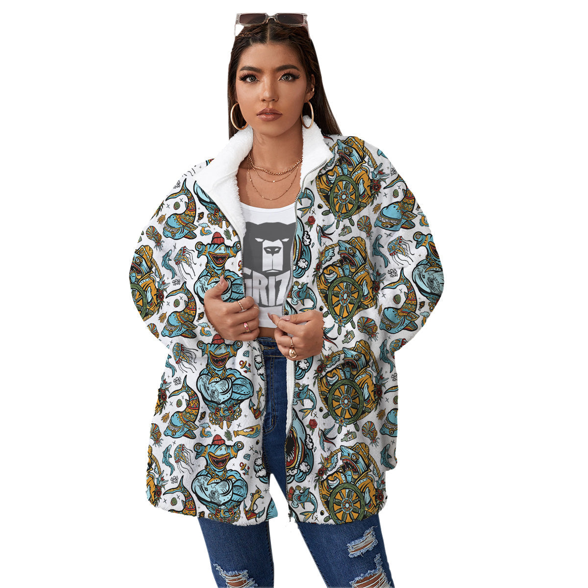 Sharks Underwater Tattoo Print Pattern Women's Sherpa Jacket-grizzshop