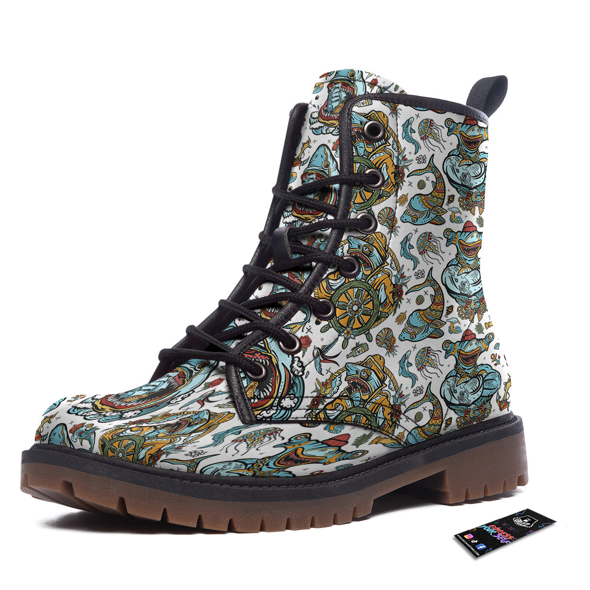 Sharks Underwater Tattoo Print Pattern Work Boots-grizzshop
