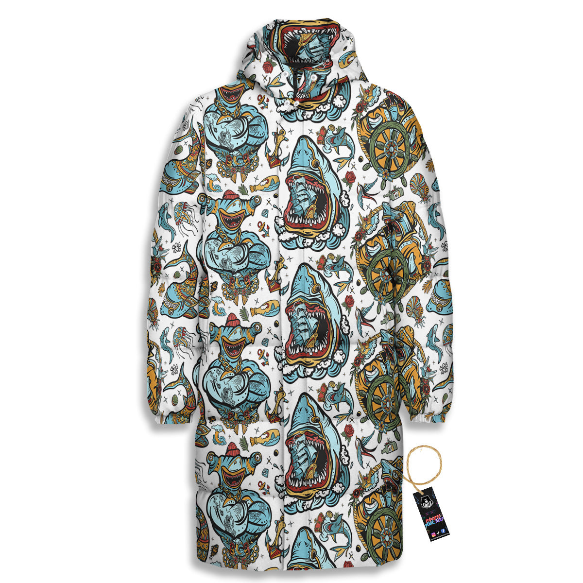 Sharks Underwater Tattoo Print Pattern Long Down Jacket