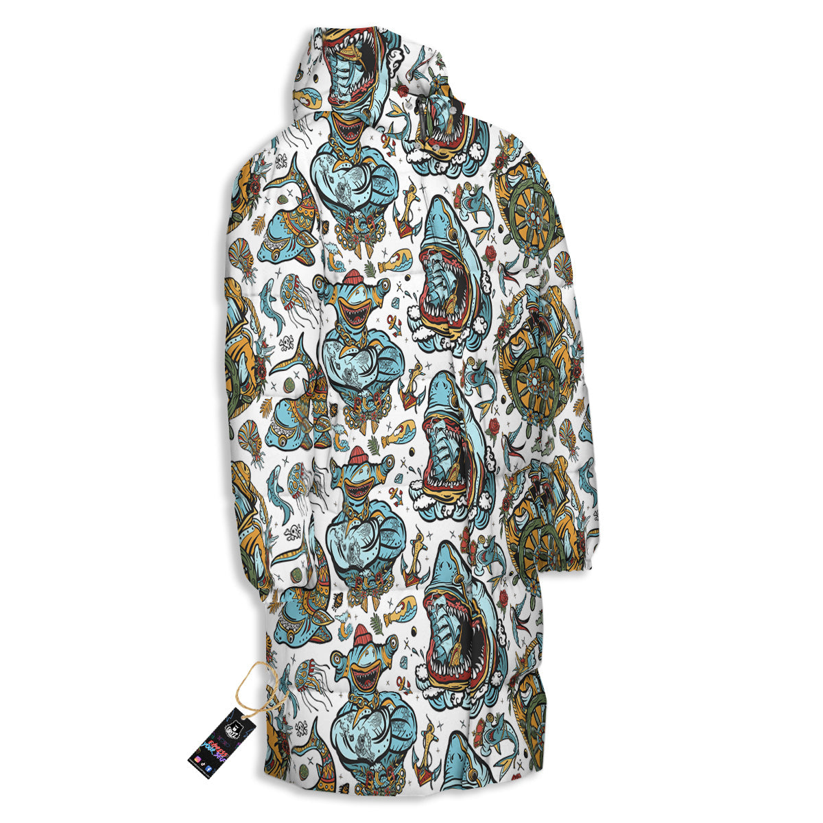 Sharks Underwater Tattoo Print Pattern Long Down Jacket