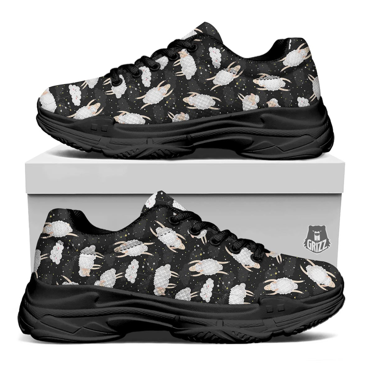 Sheep And Star Print Pattern Black Chunky Shoes-grizzshop