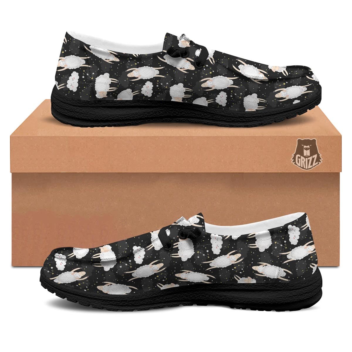 Sheep And Star Print Pattern Black Loafers-grizzshop