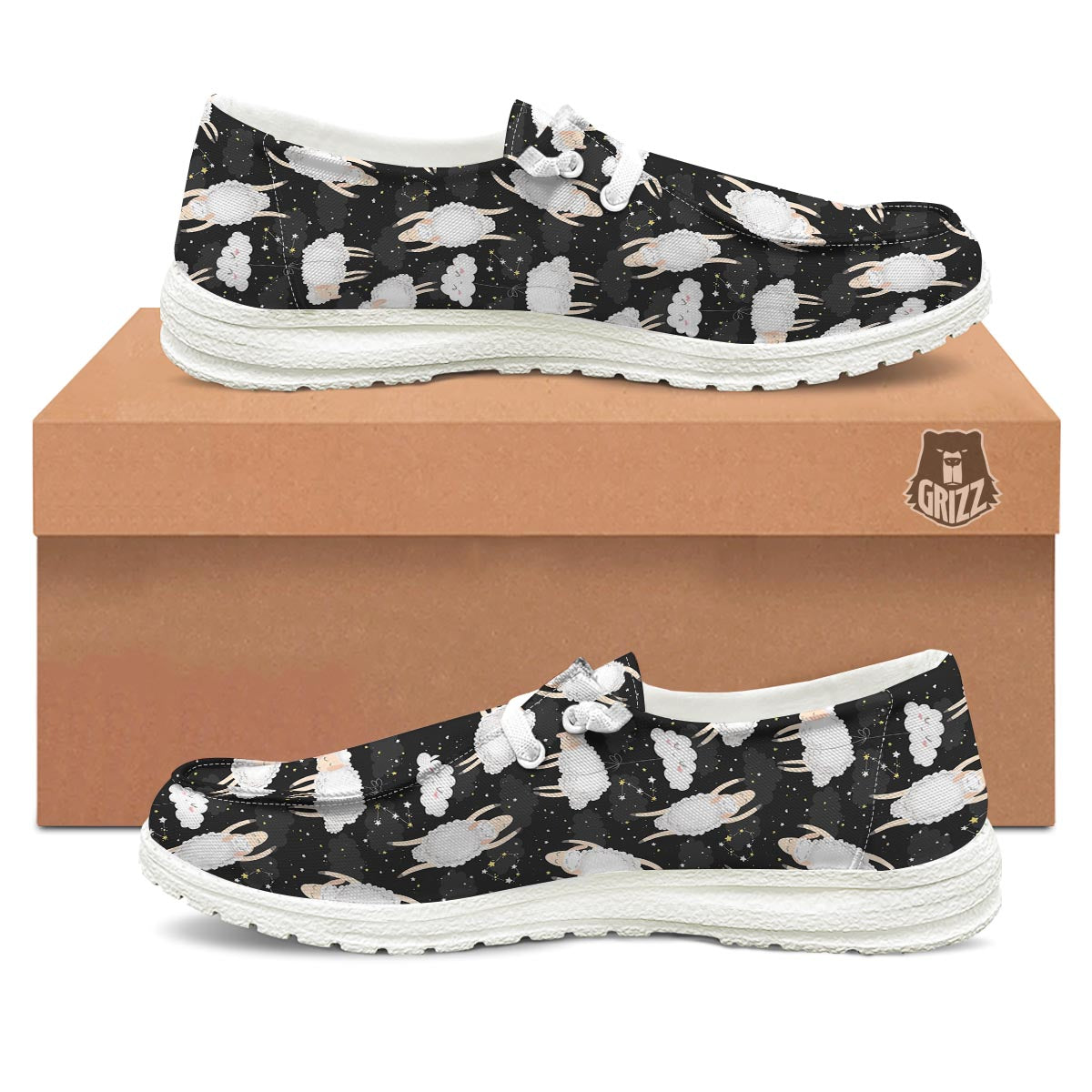 Sheep And Star Print Pattern Black Loafers-grizzshop
