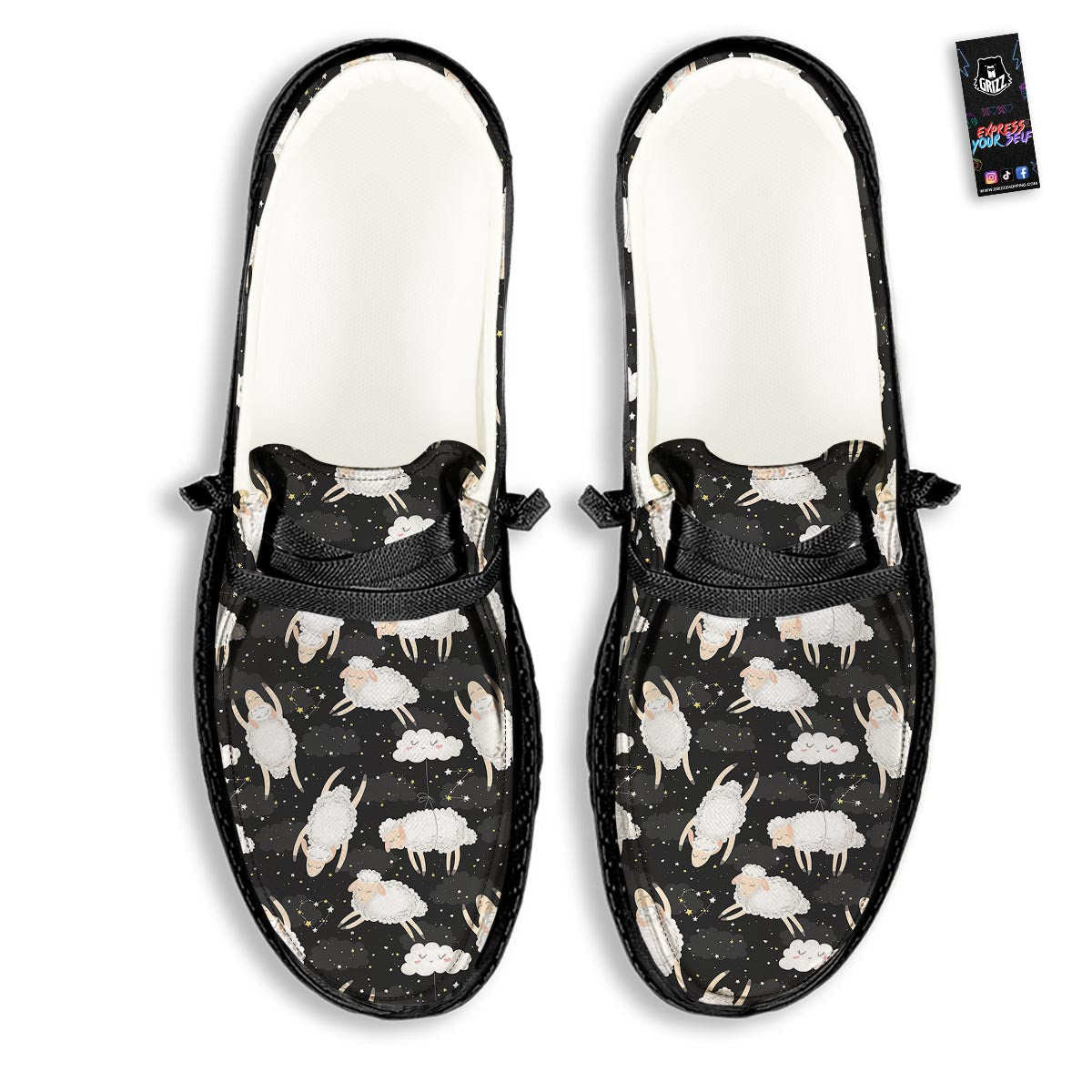 Sheep And Star Print Pattern Black Loafers-grizzshop
