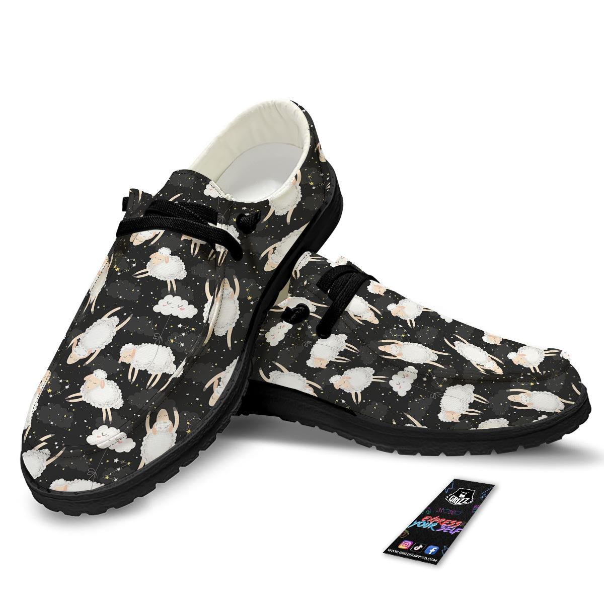 Sheep And Star Print Pattern Black Loafers-grizzshop