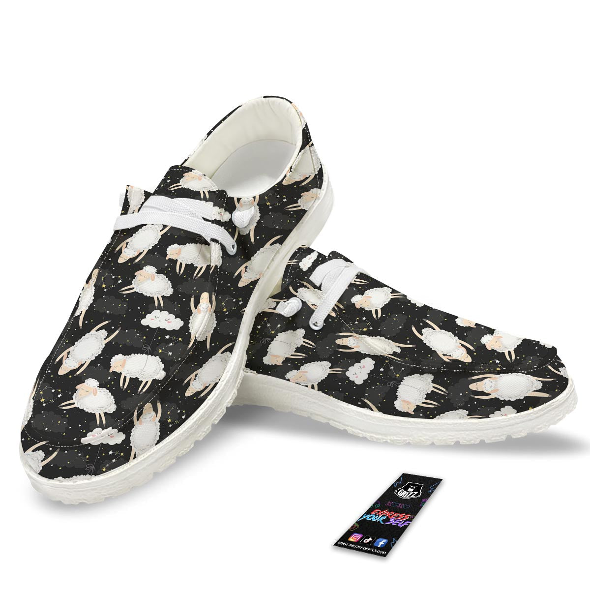 Sheep And Star Print Pattern Black Loafers-grizzshop