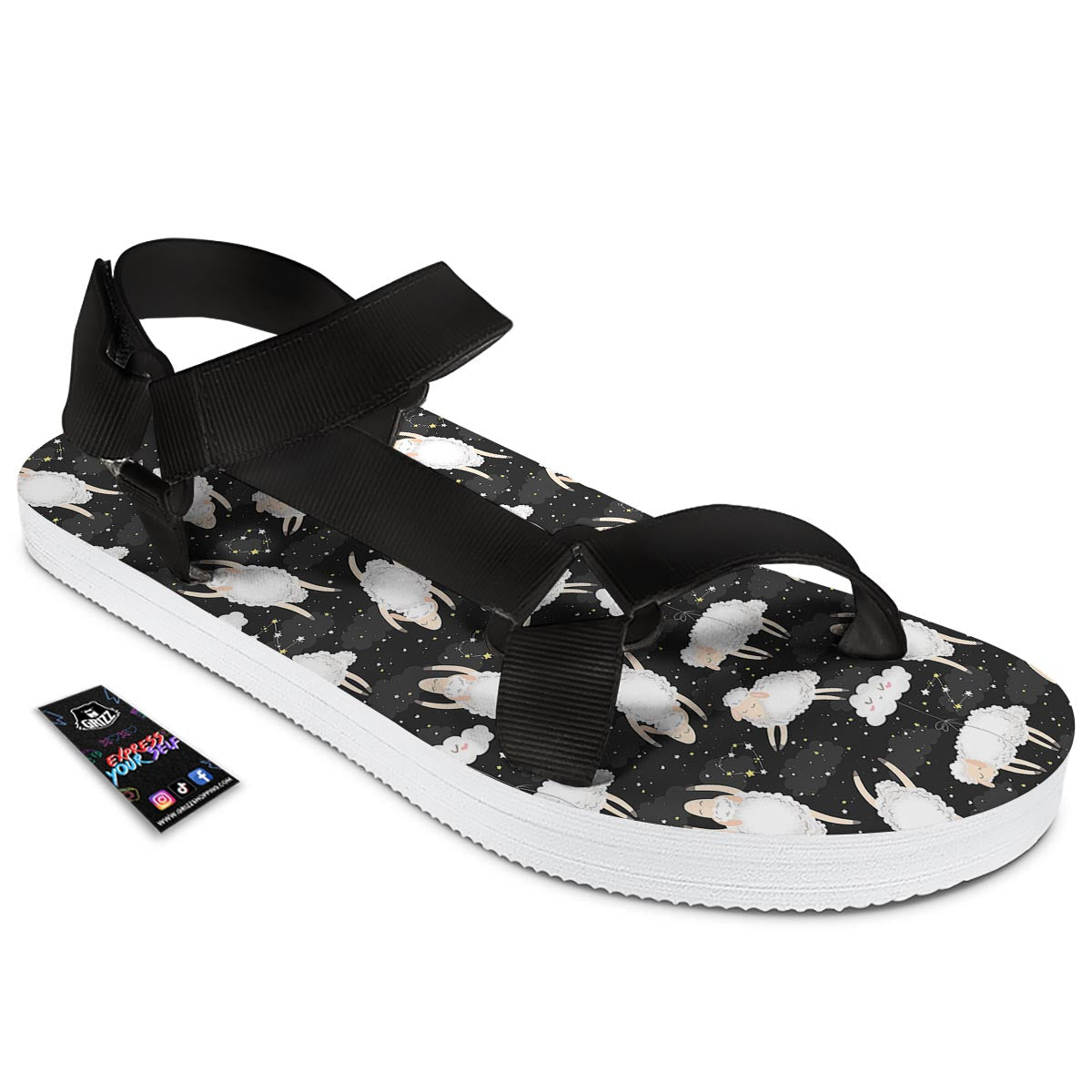 Sheep And Star Print Pattern Black Open Toe Sandals-grizzshop