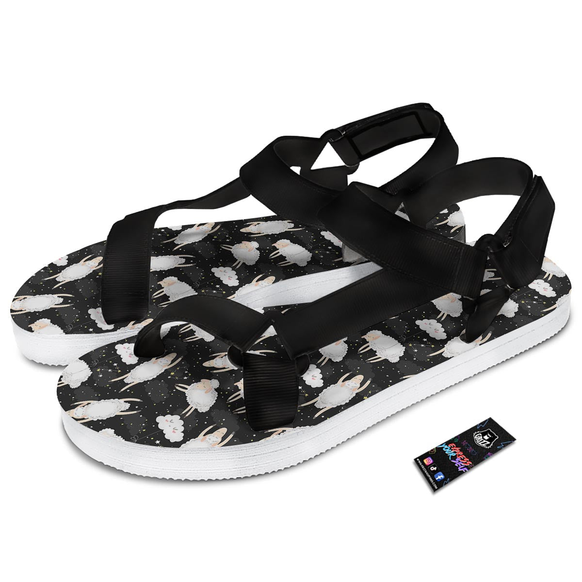 Sheep And Star Print Pattern Black Open Toe Sandals-grizzshop