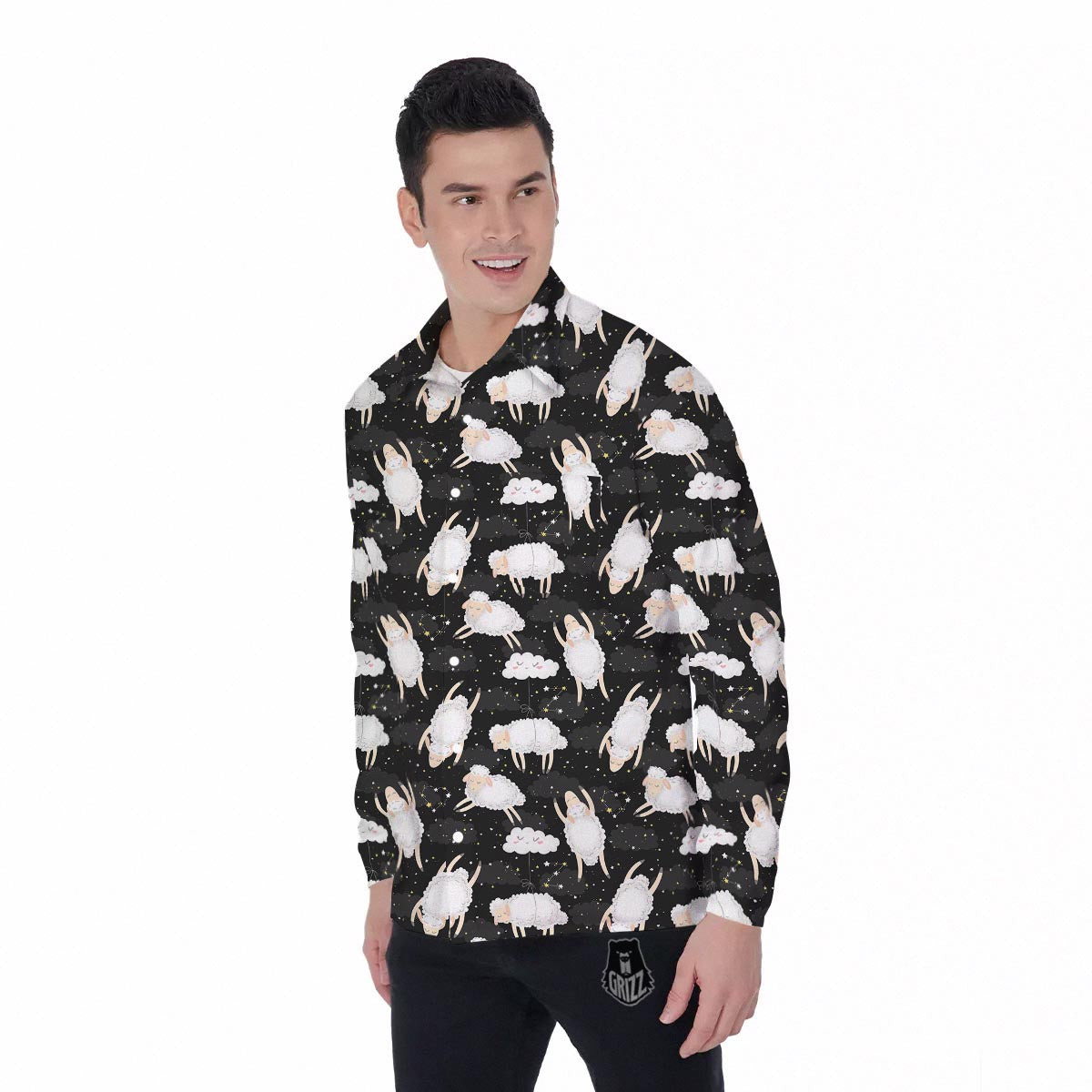 Sheep And Star Print Pattern Men's Long Sleeve Shirts-grizzshop