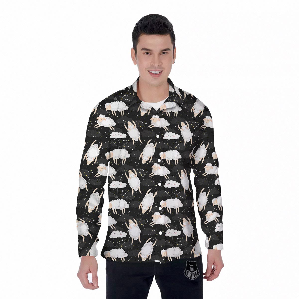 Sheep And Star Print Pattern Men's Long Sleeve Shirts-grizzshop