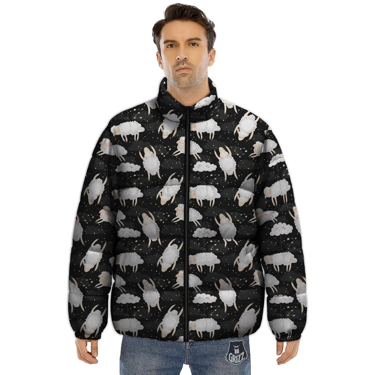 Sheep And Star Print Pattern Puffer Jacket-grizzshop