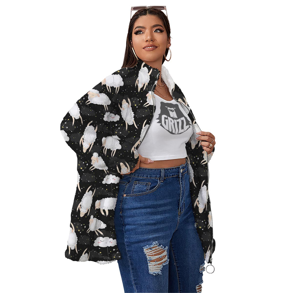 Sheep And Star Print Pattern Women's Sherpa Jacket-grizzshop