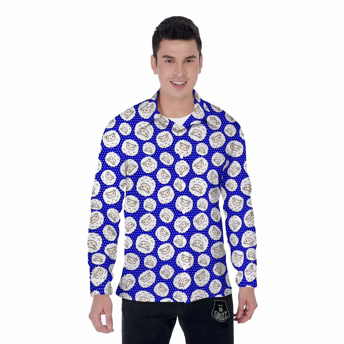 Sheep Cartoon Print Pattern Men's Long Sleeve Shirts-grizzshop