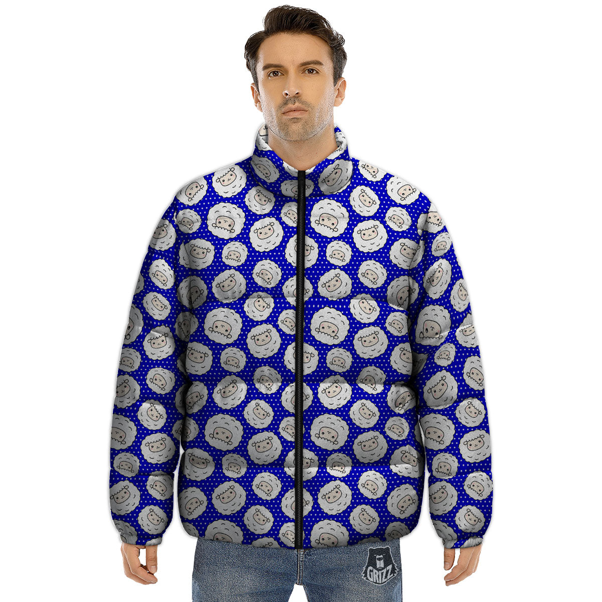 Sheep Cartoon Print Pattern Puffer Jacket-grizzshop