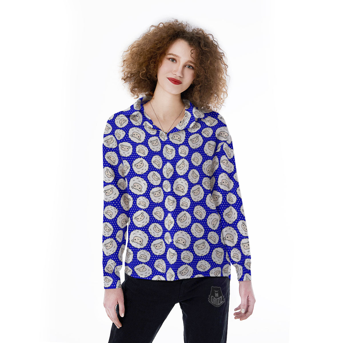 Sheep Cartoon Print Pattern Women's Long Sleeve Shirts-grizzshop