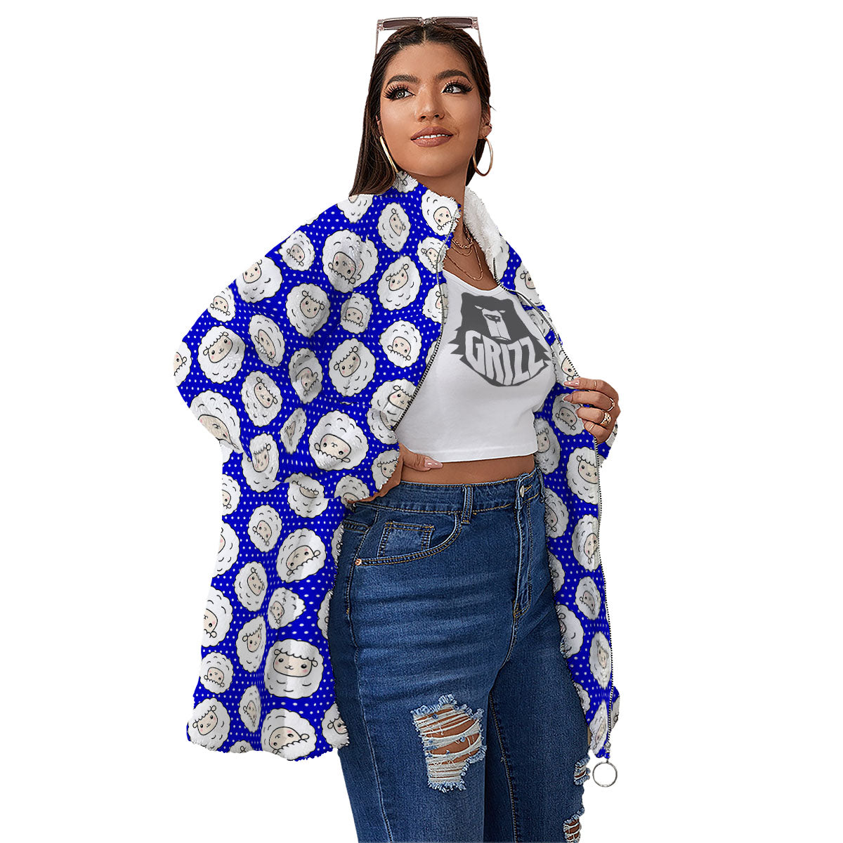 Sheep Cartoon Print Pattern Women's Sherpa Jacket-grizzshop