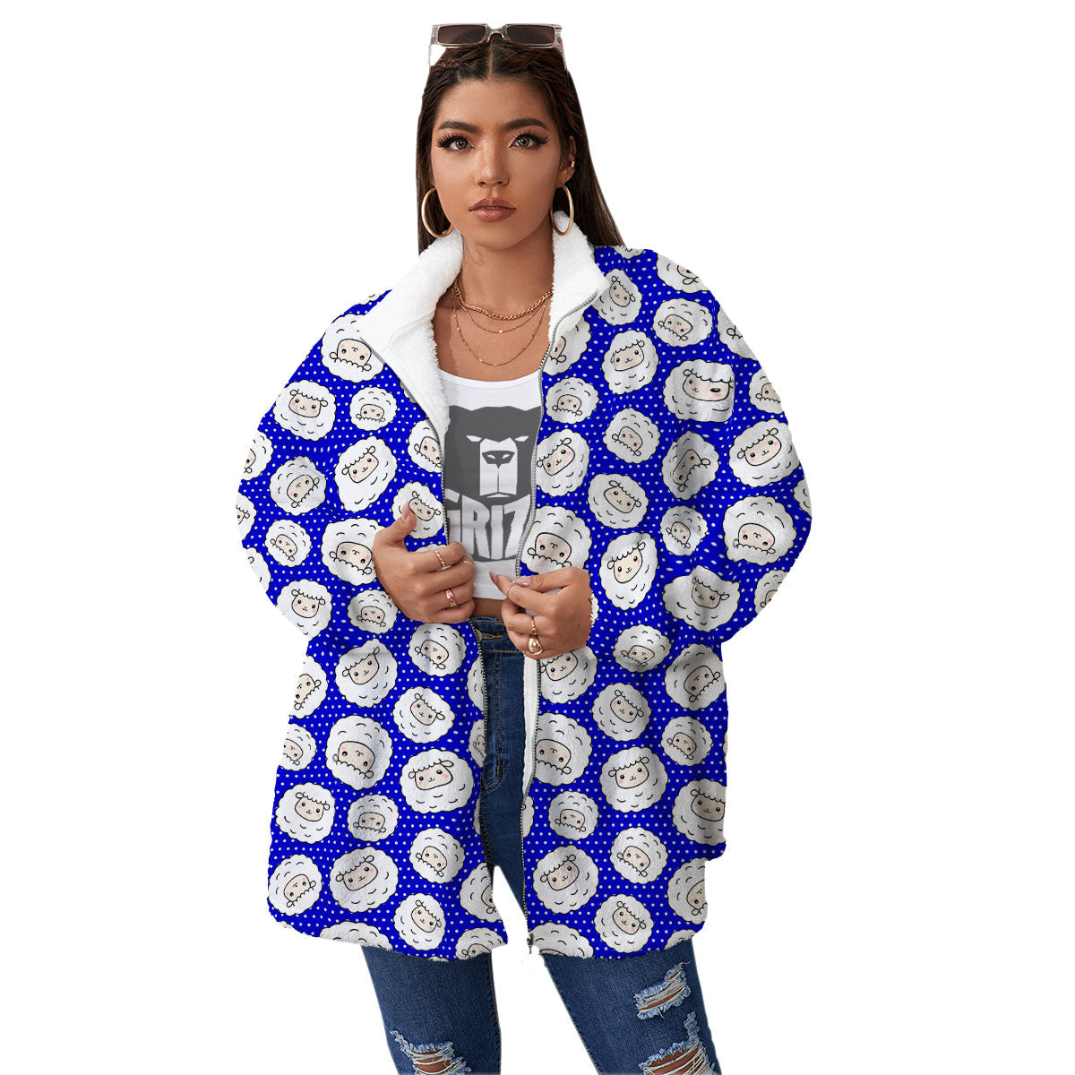 Sheep Cartoon Print Pattern Women's Sherpa Jacket-grizzshop