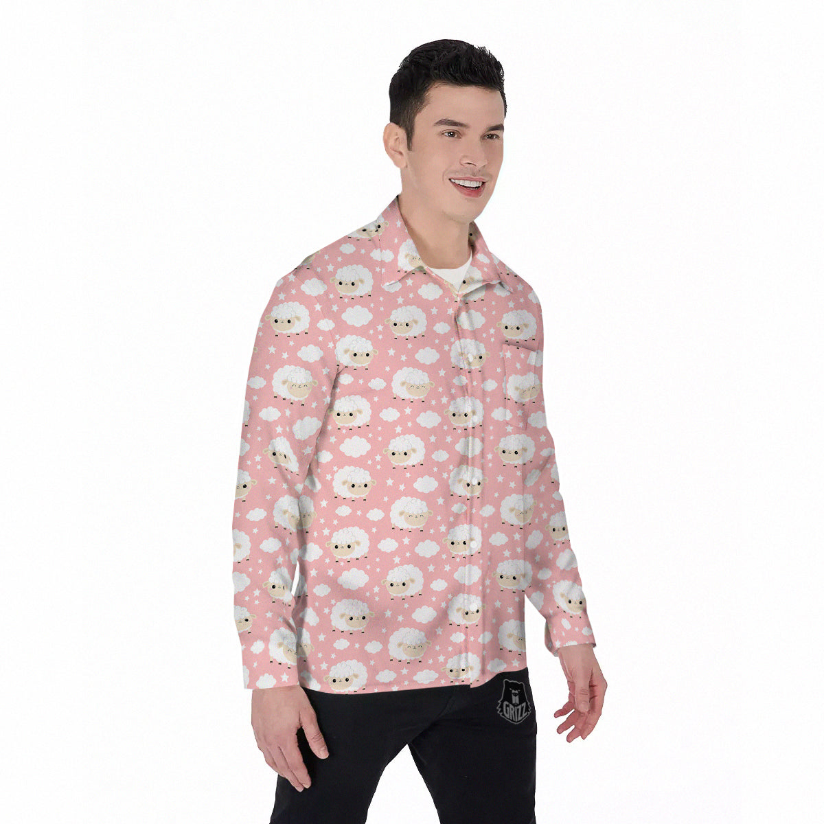 Sheep Cute Print Pattern Men's Long Sleeve Shirts-grizzshop